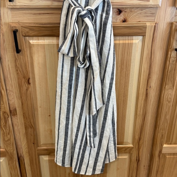 Evereve Clara Wrap Sleeveless Linen Blend Black Cream Striped Midi Dress Sz L - Picture 5 of 13